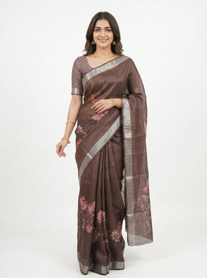 Tissue Linen Brown Floral Printed Saree