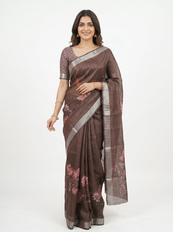 Tissue Linen Brown Floral Printed Saree