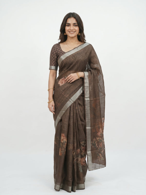 Tissue Linen Coffee Brown Floral Printed Saree