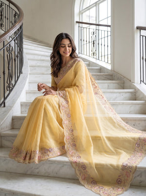 Organza Pastel Yellow Multicolor Floral Vine Embroidered Scalloped Border Saree