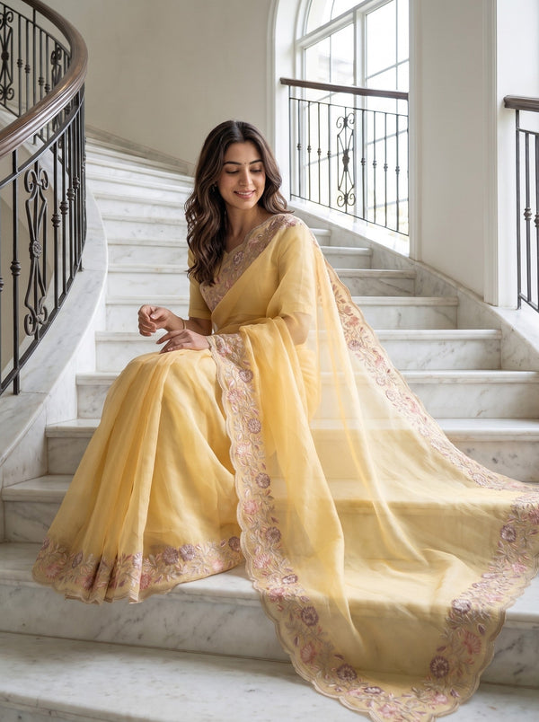 Organza Pastel Yellow Multicolor Floral Vine Embroidered Scalloped Border Saree