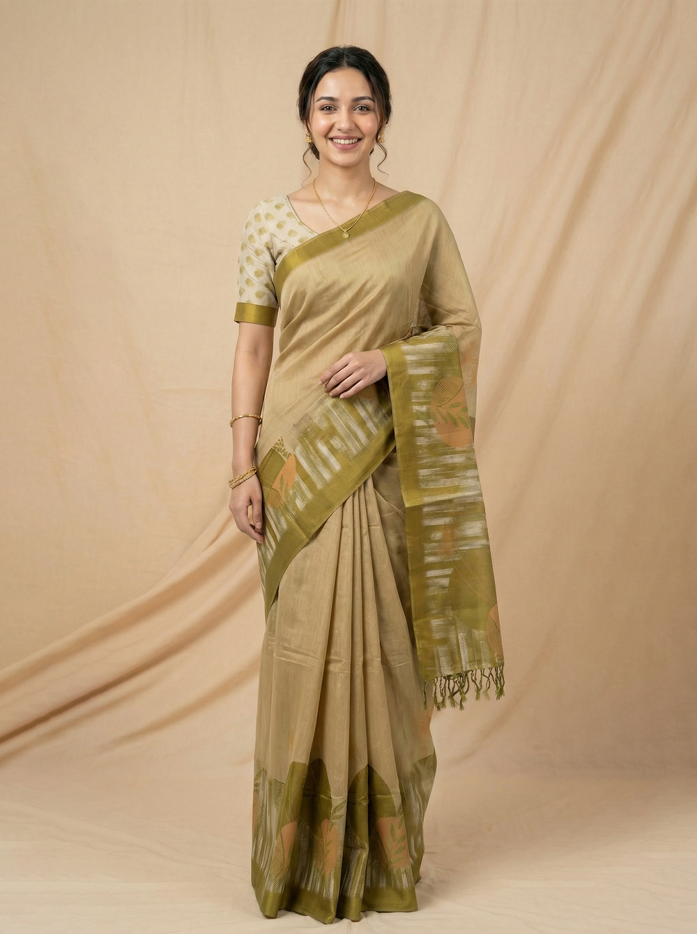Semi Tussar Beige Olive Leaf Print Saree with Striped Woven Pallu