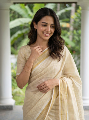 Tissue Cream Checkered Golden Zari Border Kerala Saree with Tassels