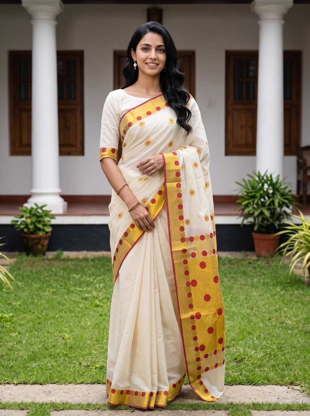 Cotton Cream Polka Dot Onam Special Kerala Saree