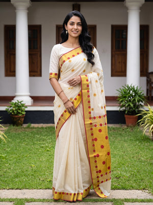 Cotton Cream Polka Dot Onam Special Kerala Saree