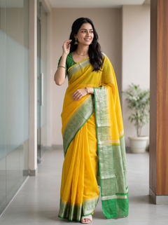 Chanderi Cotton Golden Yellow Check Weave Saree with Green Ornate Zari Pallu