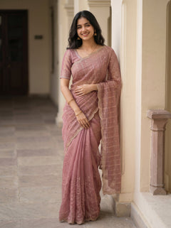 Shimmer Organza Dusty Rose Zari Threadwork Saree with Scalloped Border