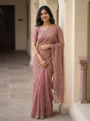 Shimmer Organza Dusty Rose Zari Threadwork Saree with Scalloped Border