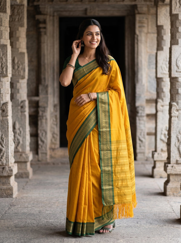 Semi Silk Mustard Yellow Golden Pinstripe Saree with Green Zari Border