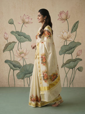 Tissue Cream Rose Bouquet Print Onam Special Kerala Saree with Golden Border