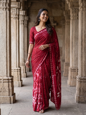 Semi Modal Red Saree with Bandhani Print and Shibori Hem