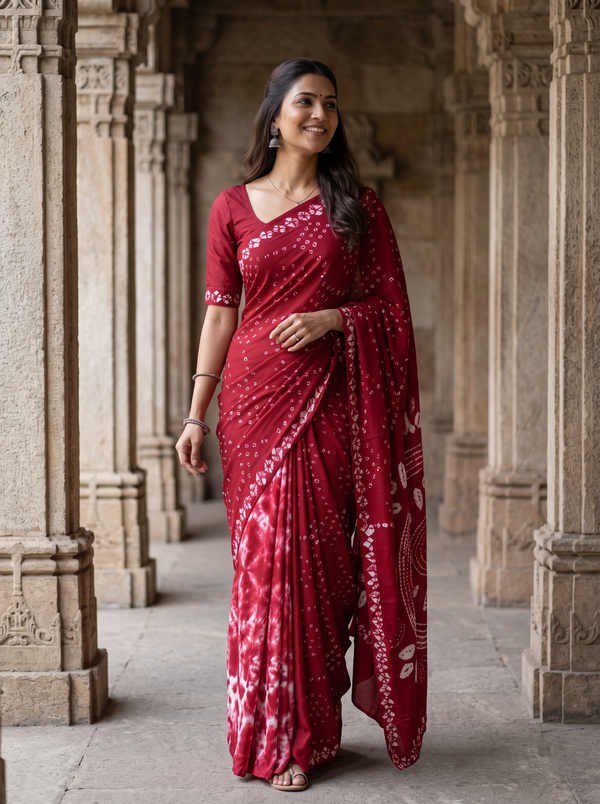 Semi Modal Red Saree with Bandhani Print and Shibori Hem