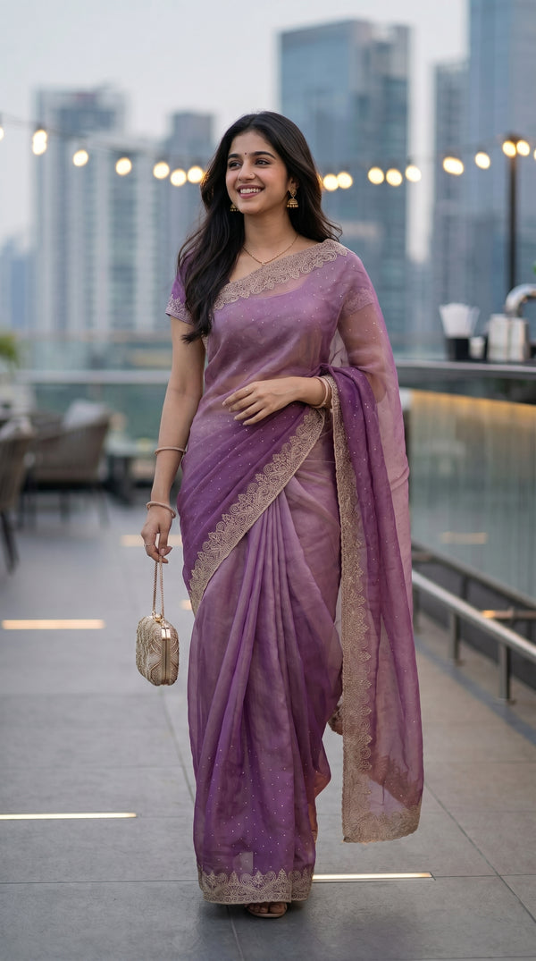 Organza Lavender Purple Stone Studded Saree with Zari Embroidered Border