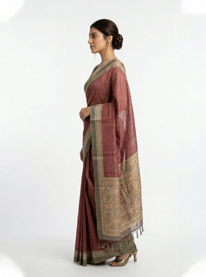 Semi Jute Rust Red Temple Border Check Saree