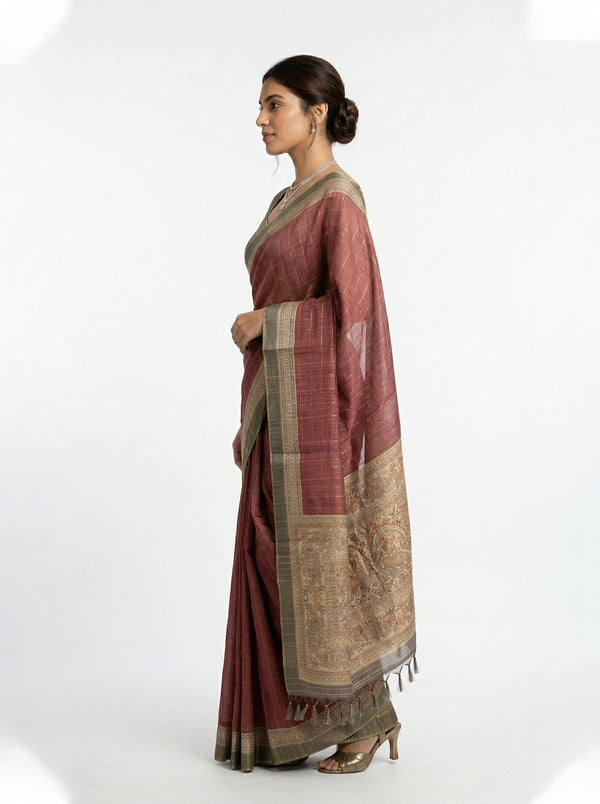 Semi Jute Rust Red Temple Border Check Saree