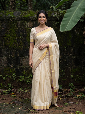Tissue Cream Gold Maroon Striped Border Onam Special Kerala Saree