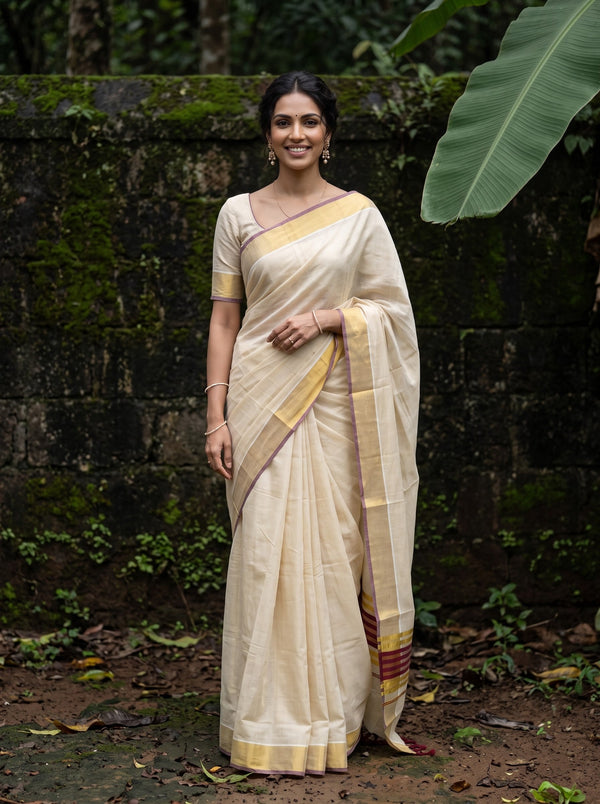 Tissue Cream Gold Maroon Striped Border Onam Special Kerala Saree