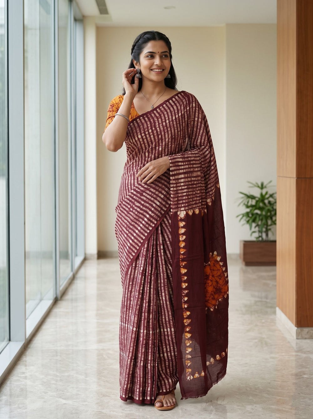 Modal Maroon Batik Crackle Print Saree