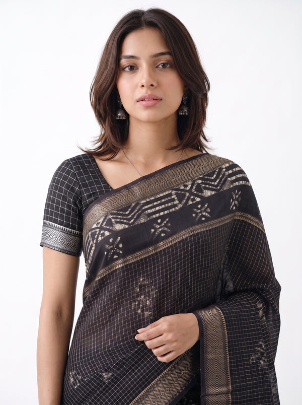 Cotton Silk Black Checkered Booti Saree with Zari Ikat Border