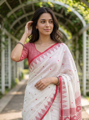 Linen White Red Diamond Dot Zigzag Geometric Border Saree