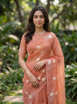 Organza Peach Corner Floral Embroidery Beaded Scalloped Border Saree