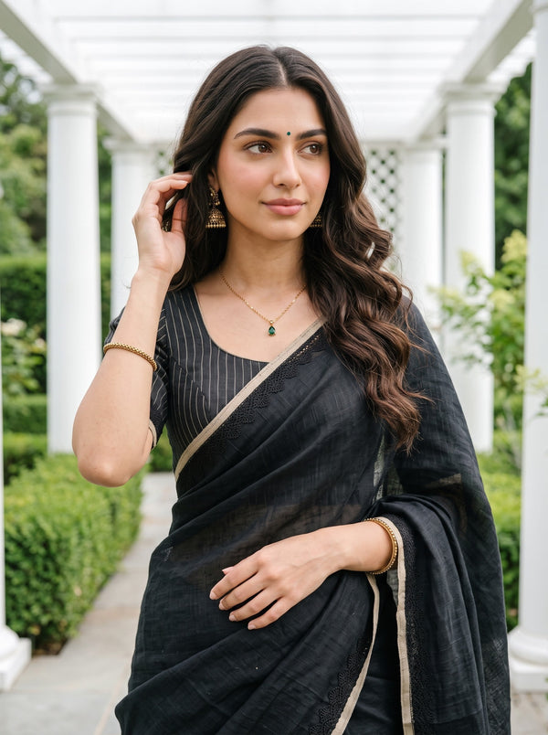 Linen Black Saree with Zari Striped Pallu & Tassels