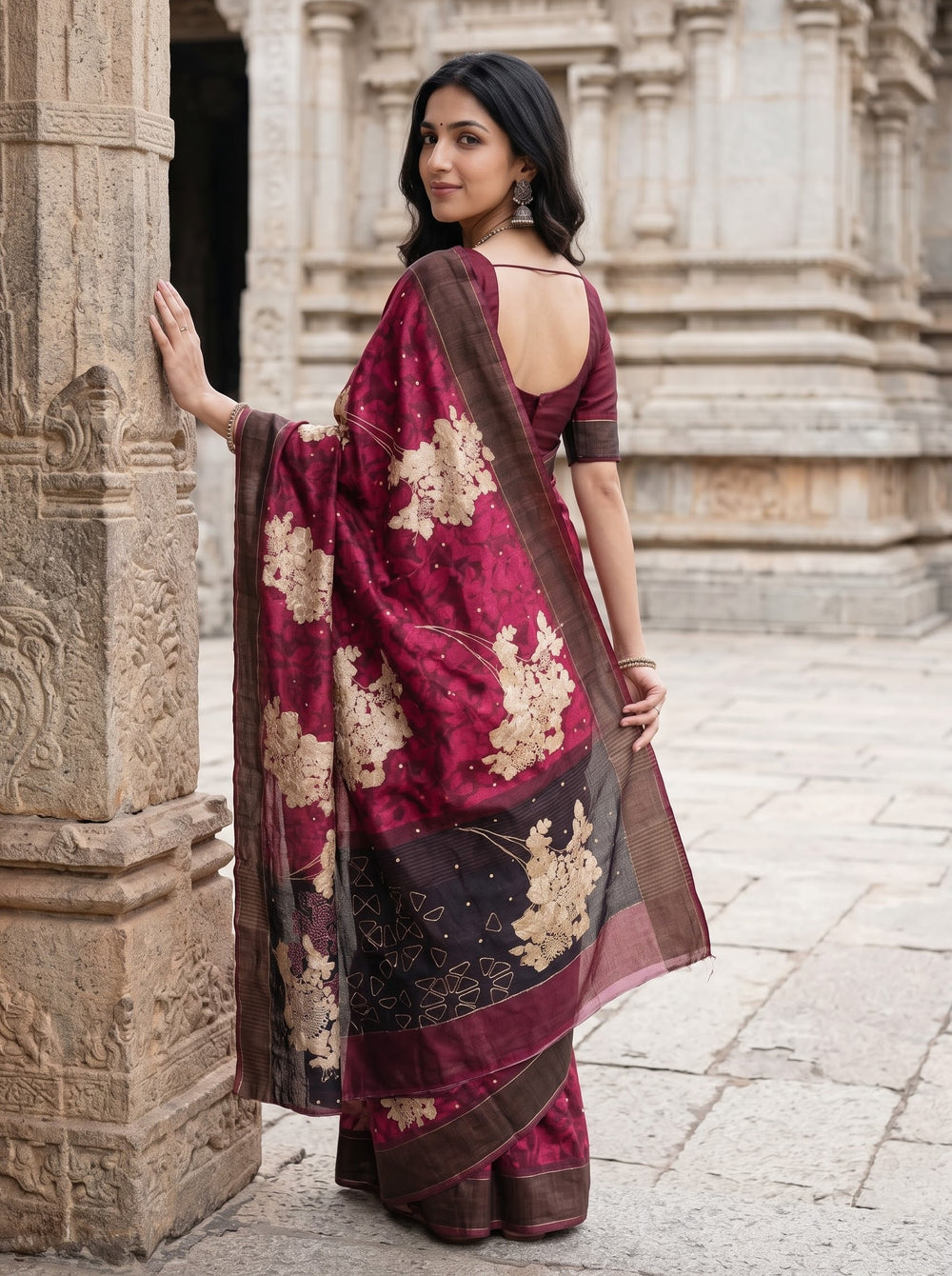 Tussar Silk Maroon Saree with Abstract Floral Pallu and Zari Thread Work