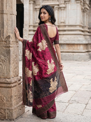Tussar Silk Maroon Saree with Abstract Floral Pallu and Zari Thread Work
