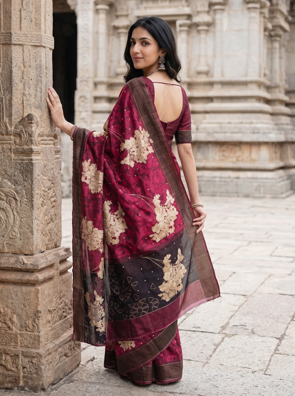 Tussar Silk Maroon Saree with Abstract Floral Pallu and Zari Thread Work