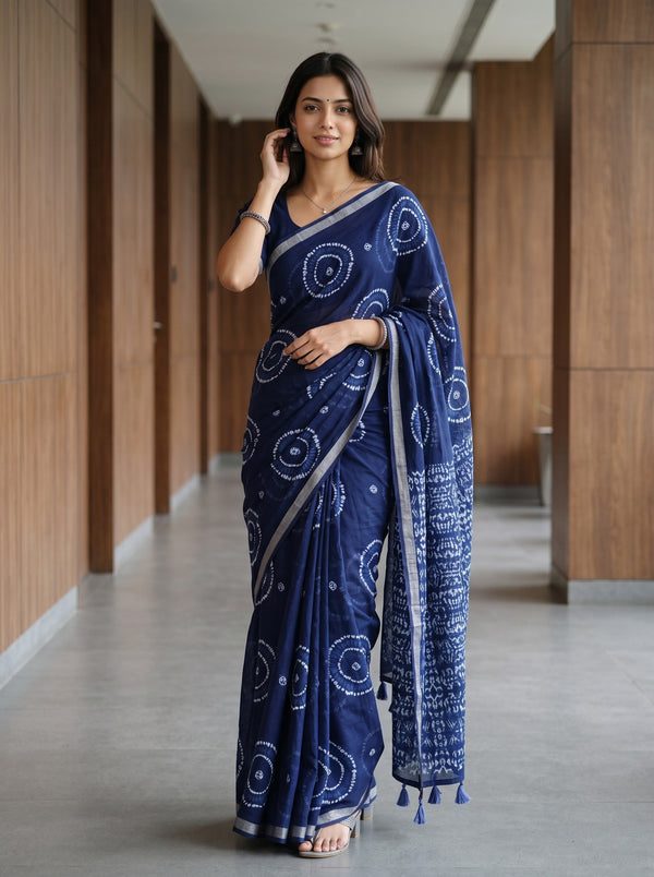 Cotton Batik Print Saree in Navy Blue with Tie-Dye Circle Motifs