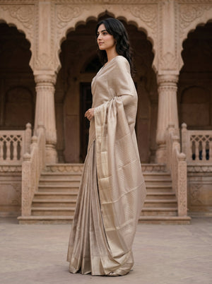 Kanjivaram Tissue Silk Champagne Beige Saree with All-Over Silver Zari Self Weave