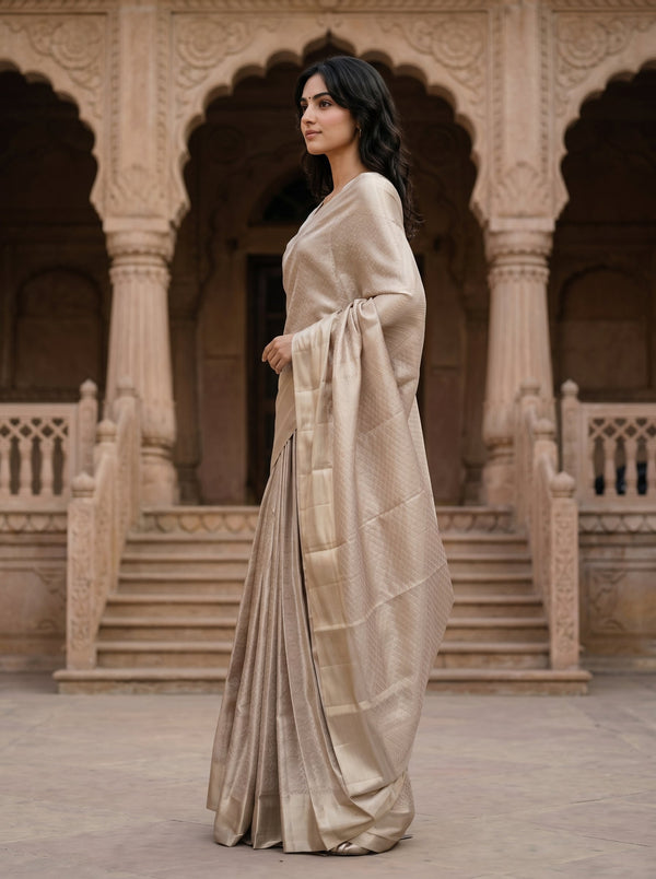 Kanjivaram Tissue Silk Champagne Beige Saree with All-Over Silver Zari Self Weave