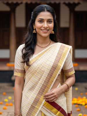 A woman wearing a cream and beige striped saree with brown and gold stripes, paired with a matching short-sleeve blouse, standing in front of a traditional building with orange marigold petals on the ground.