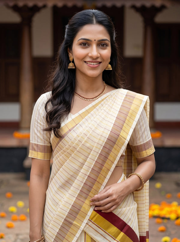 A woman wearing a cream and beige striped saree with brown and gold stripes, paired with a matching short-sleeve blouse, standing in front of a traditional building with orange marigold petals on the ground.