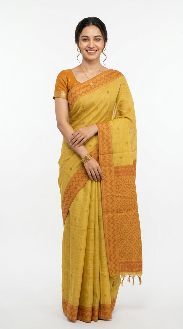 Soft Cotton Lemon Yellow Ethnic Motif Saree