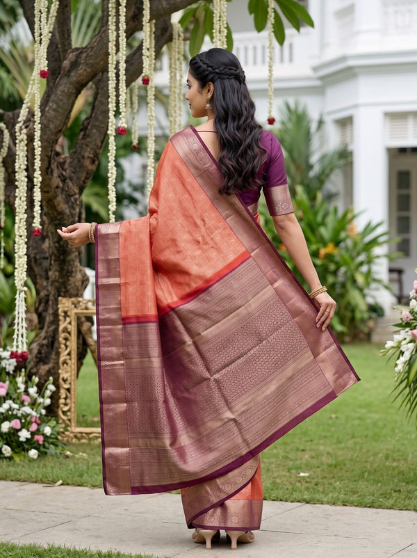 Kanjivaram Brocade Saree in Rust Orange with Wine Zari Floral Pallu