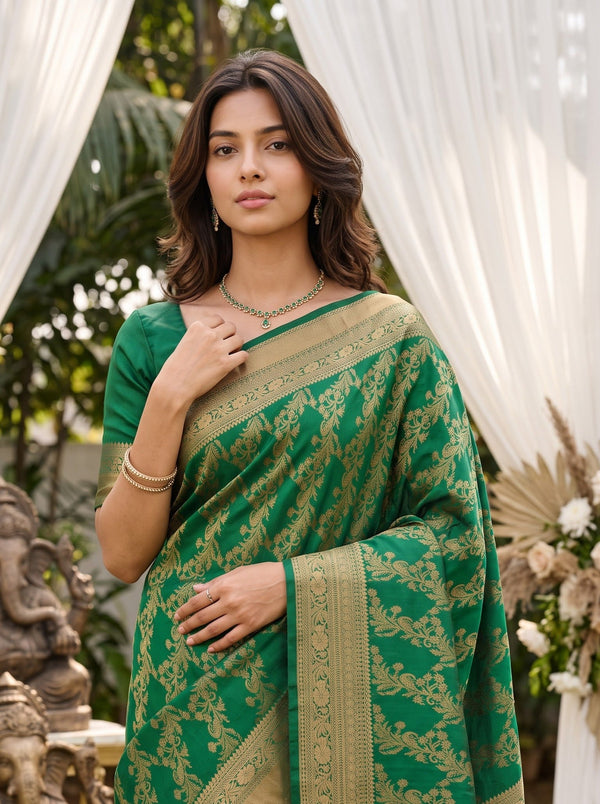 Kanjivaram Brocade Saree in Green with Golden Paisley Motif Pallu