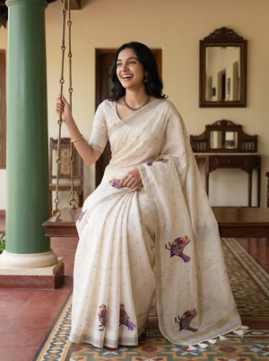 Kota Doria Off White Multicolour Bird Motif Saree with Golden Border