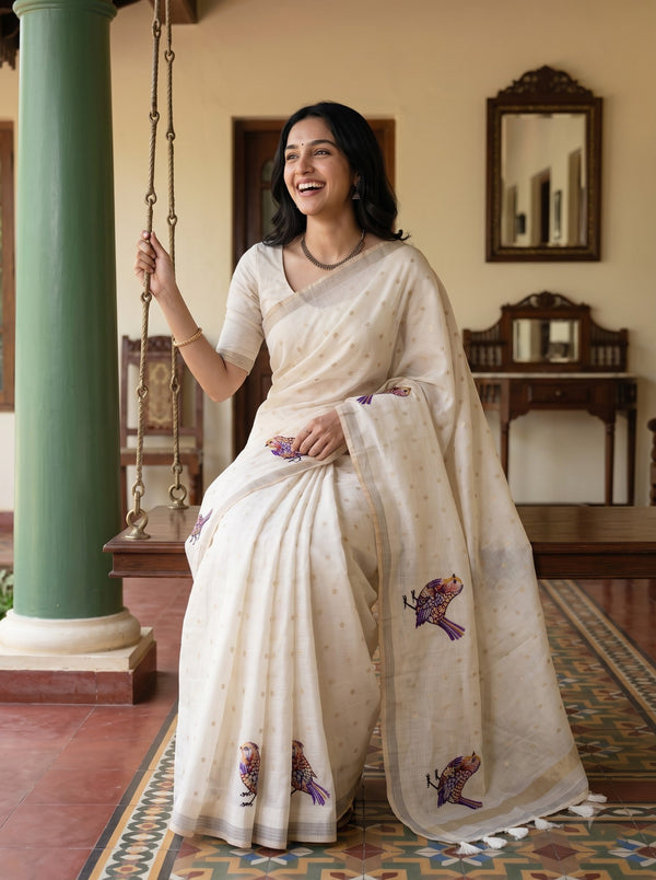 Kota Doria Off White Multicolour Bird Motif Saree with Golden Border