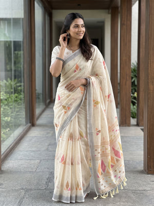 Cotton Cream Multicolor Geometric Diamond Printed Pallu Pinstripe Border Tassels Saree