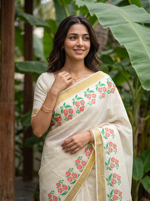 Cotton Cream Red Floral Print Kerala Saree with Golden Zari Border