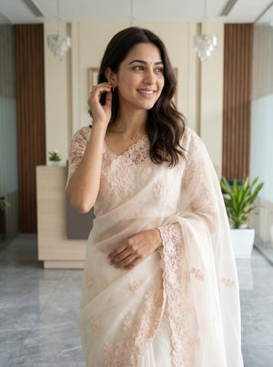 Organza White Saree with Scattered Floral Motifs and Scalloped Edge