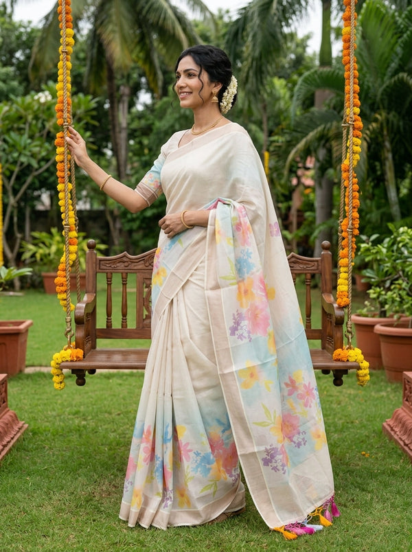 Tissue Off White Watercolor Floral Border Tassel Set Saree