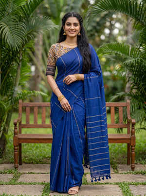 Cotton Royal Blue Saree with Multicolor Pinstripes and Paisley Print