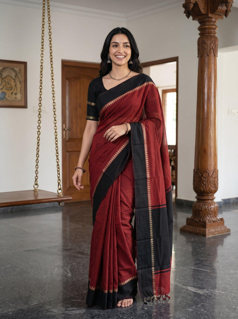 Cotton Silk Red Black Dual Tone Solid Saree