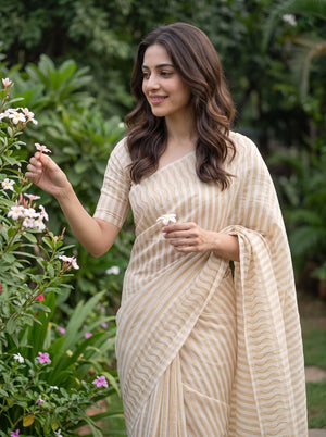 Tissue Silk Cream Striped Saree with Sequin Wave Design