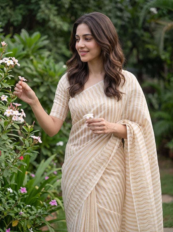 Tissue Silk Cream Striped Saree with Sequin Wave Design