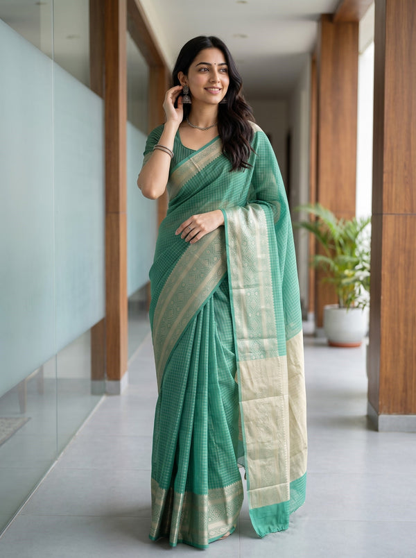 Chanderi Cotton Green Check Weave Saree with Golden Shimmer Zari Pallu