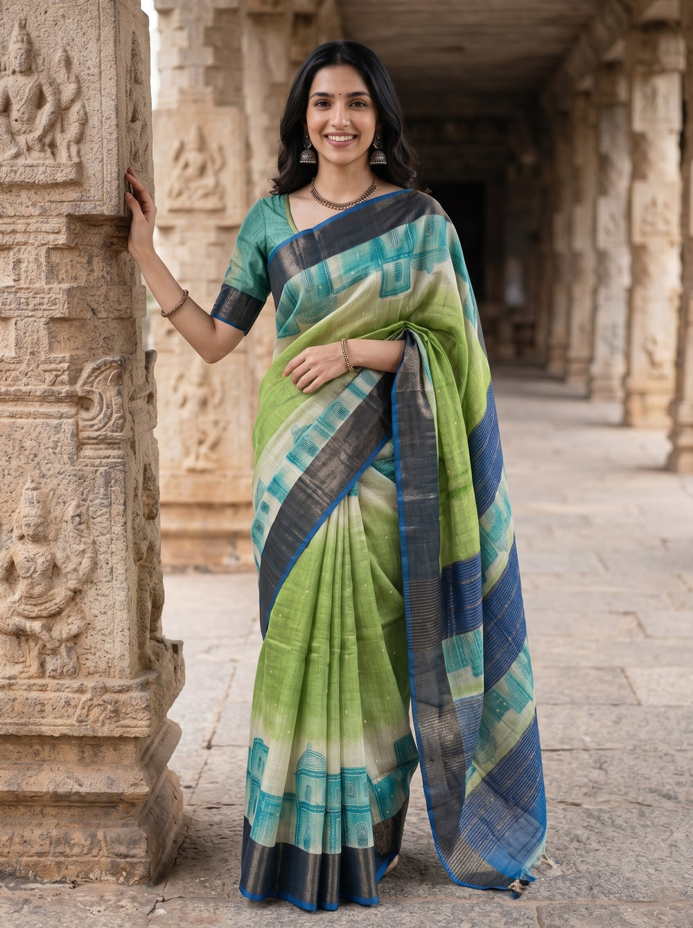 Tussar Silk Green Saree with Painted Village House Pallu