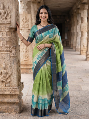 Tussar Silk Green Saree with Painted Village House Pallu